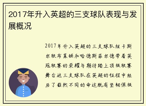 2017年升入英超的三支球队表现与发展概况
